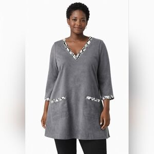 Attitudes by Renee Gray Faux Suede Tunic XL Snakeskin Trim V Neck
